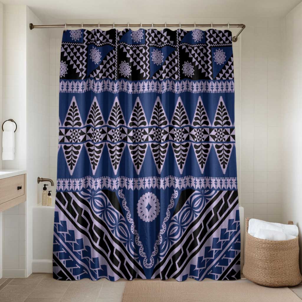 Vintage Bula Fiji Bathroom Set Prussian Blue Tapa Masi Motif - Polynesian Pride