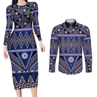Vintage Bula Fiji Couples Matching Long Sleeve Bodycon Dress and Long Sleeve Button Shirt Prussian Blue Tapa Masi Motif LT9 Blue - Polynesian Pride
