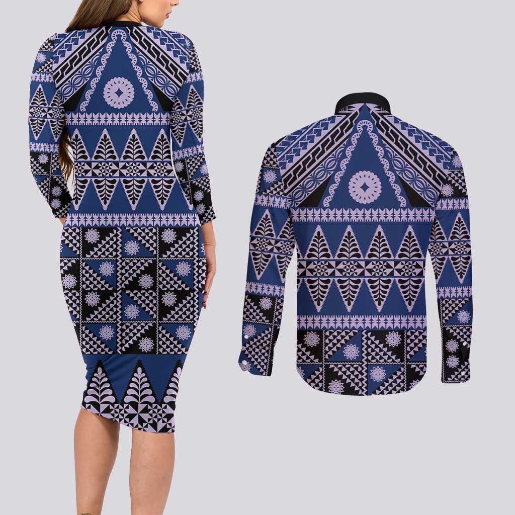 Vintage Bula Fiji Couples Matching Long Sleeve Bodycon Dress and Long Sleeve Button Shirt Prussian Blue Tapa Masi Motif LT9 - Polynesian Pride