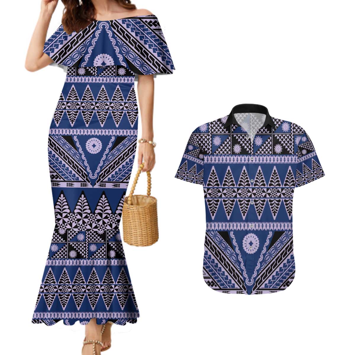 Vintage Bula Fiji Couples Matching Mermaid Dress and Hawaiian Shirt Prussian Blue Tapa Masi Motif LT9 Blue - Polynesian Pride