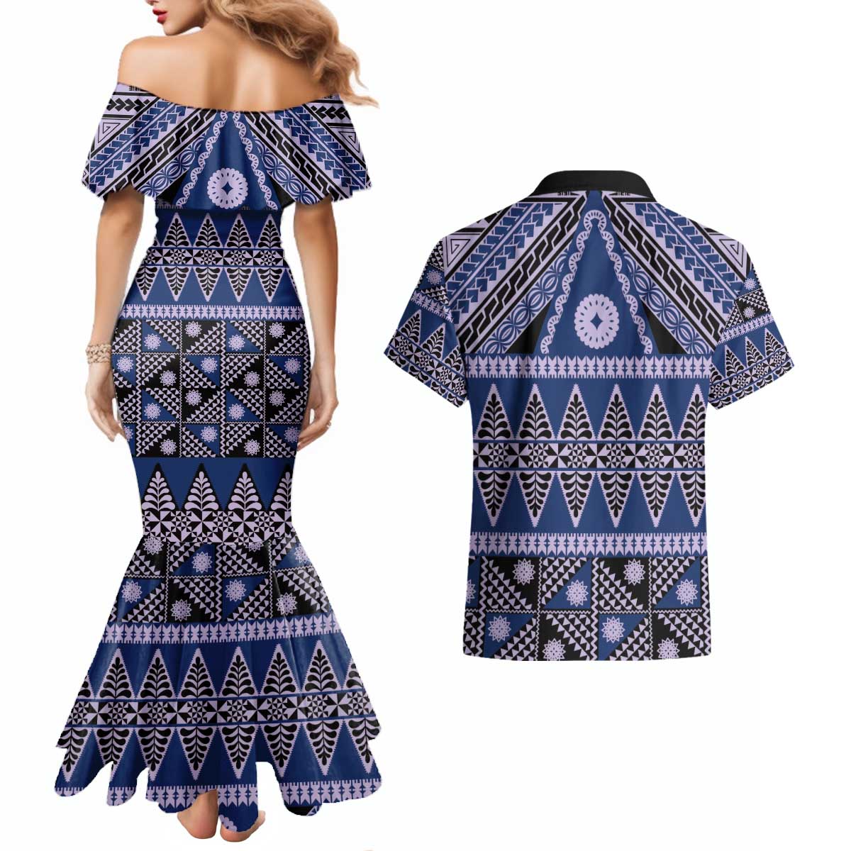 Vintage Bula Fiji Couples Matching Mermaid Dress and Hawaiian Shirt Prussian Blue Tapa Masi Motif LT9 - Polynesian Pride