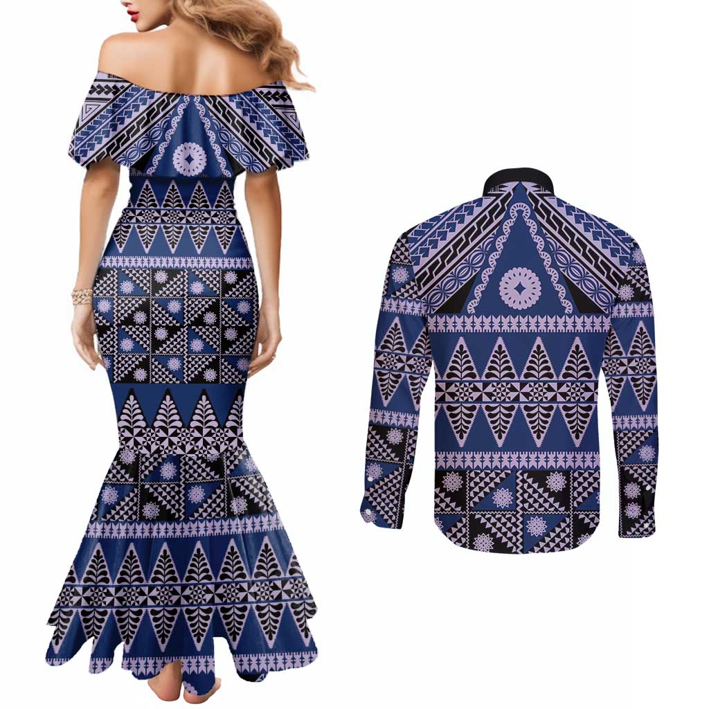 Vintage Bula Fiji Couples Matching Mermaid Dress and Long Sleeve Button Shirt Prussian Blue Tapa Masi Motif