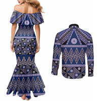 Vintage Bula Fiji Couples Matching Mermaid Dress and Long Sleeve Button Shirt Prussian Blue Tapa Masi Motif