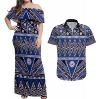 Vintage Bula Fiji Couples Matching Off Shoulder Maxi Dress and Hawaiian Shirt Prussian Blue Tapa Masi Motif LT9 Blue - Polynesian Pride
