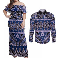 Vintage Bula Fiji Couples Matching Off Shoulder Maxi Dress and Long Sleeve Button Shirt Prussian Blue Tapa Masi Motif