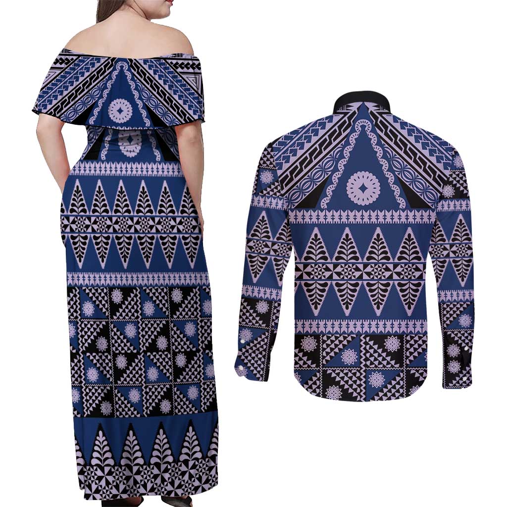 Vintage Bula Fiji Couples Matching Off Shoulder Maxi Dress and Long Sleeve Button Shirt Prussian Blue Tapa Masi Motif