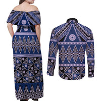 Vintage Bula Fiji Couples Matching Off Shoulder Maxi Dress and Long Sleeve Button Shirt Prussian Blue Tapa Masi Motif