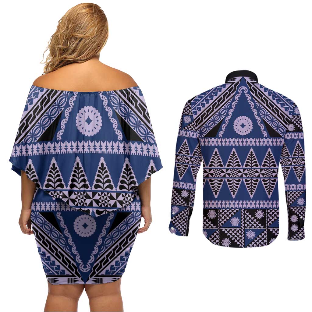 Vintage Bula Fiji Couples Matching Off Shoulder Short Dress and Long Sleeve Button Shirt Prussian Blue Tapa Masi Motif