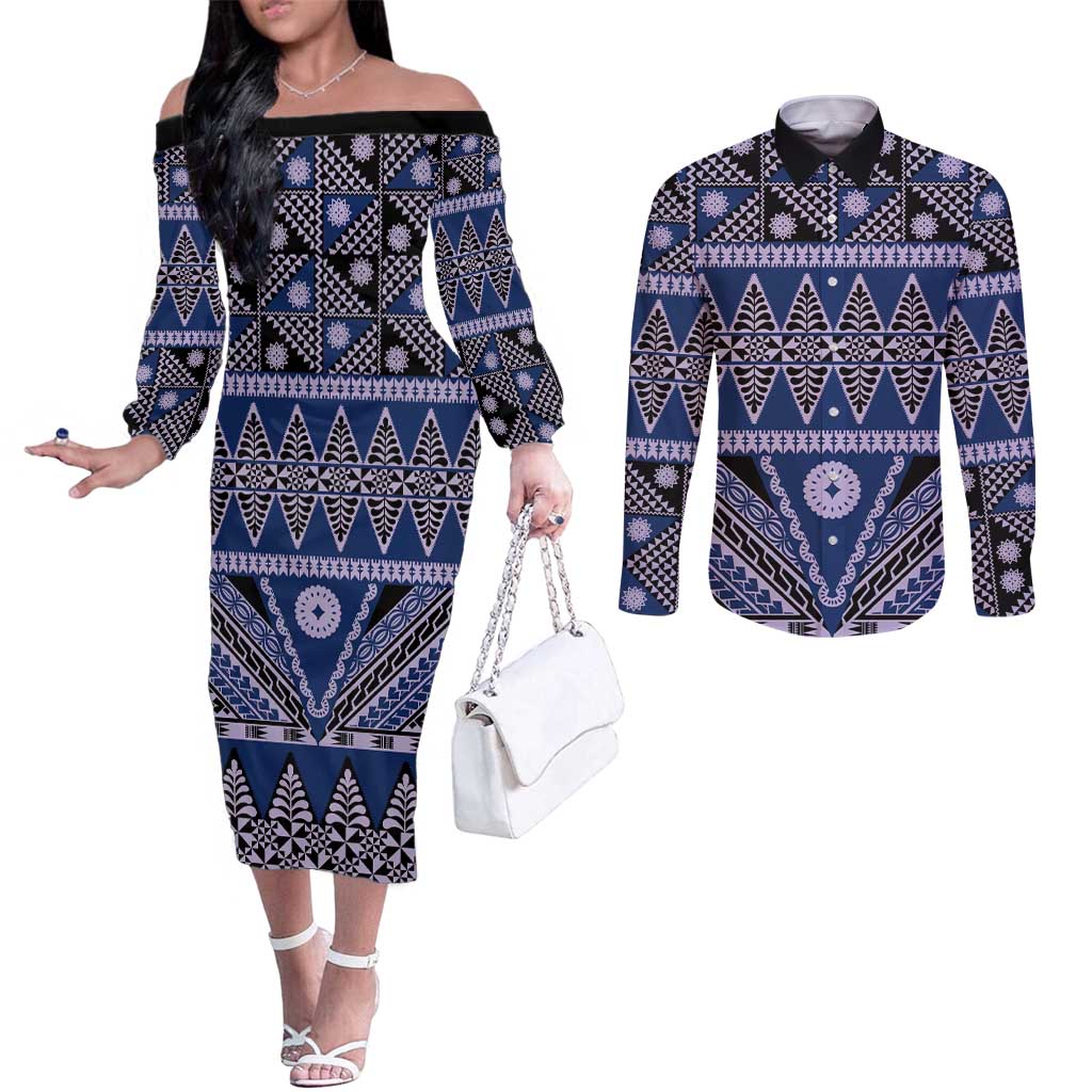 Vintage Bula Fiji Couples Matching Off The Shoulder Long Sleeve Dress and Long Sleeve Button Shirt Prussian Blue Tapa Masi Motif LT9 Blue - Polynesian Pride