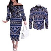 Vintage Bula Fiji Couples Matching Off The Shoulder Long Sleeve Dress and Long Sleeve Button Shirt Prussian Blue Tapa Masi Motif LT9 Blue - Polynesian Pride