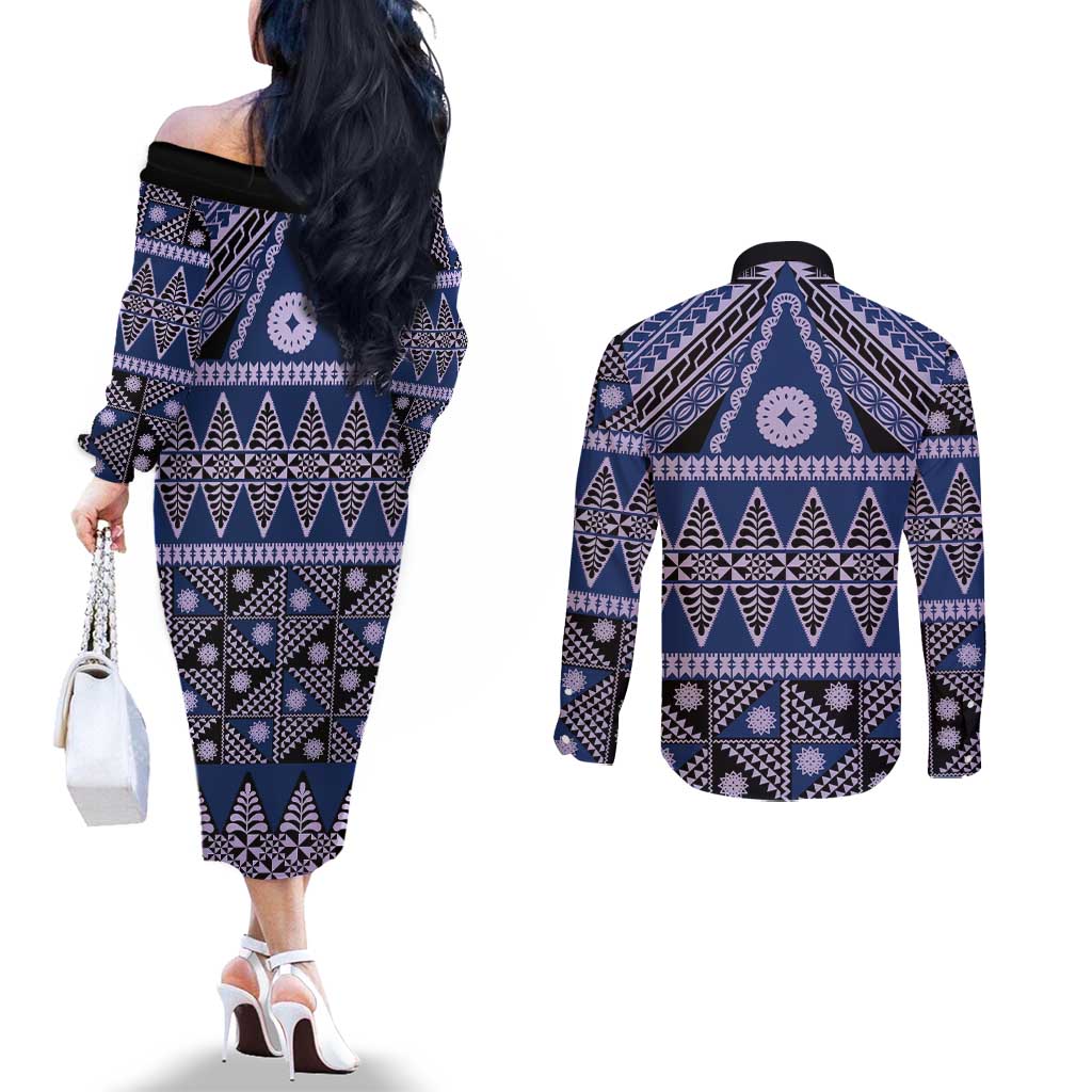 Vintage Bula Fiji Couples Matching Off The Shoulder Long Sleeve Dress and Long Sleeve Button Shirt Prussian Blue Tapa Masi Motif LT9 - Polynesian Pride