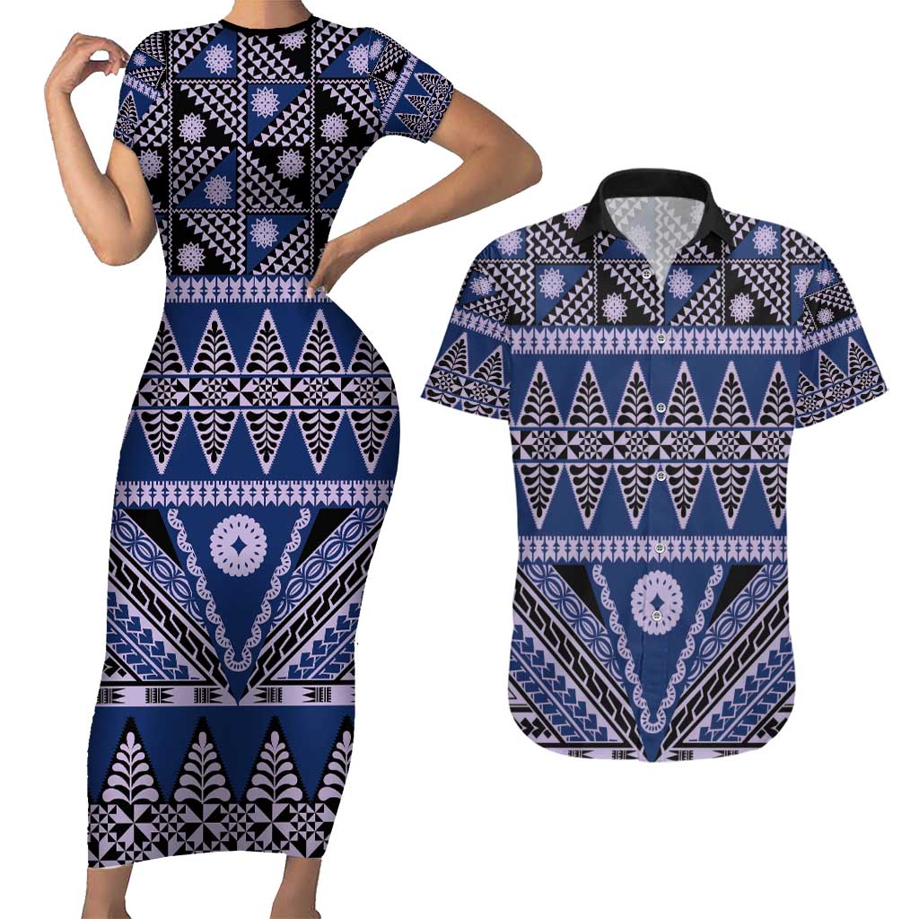 Vintage Bula Fiji Couples Matching Short Sleeve Bodycon Dress and Hawaiian Shirt Prussian Blue Tapa Masi Motif