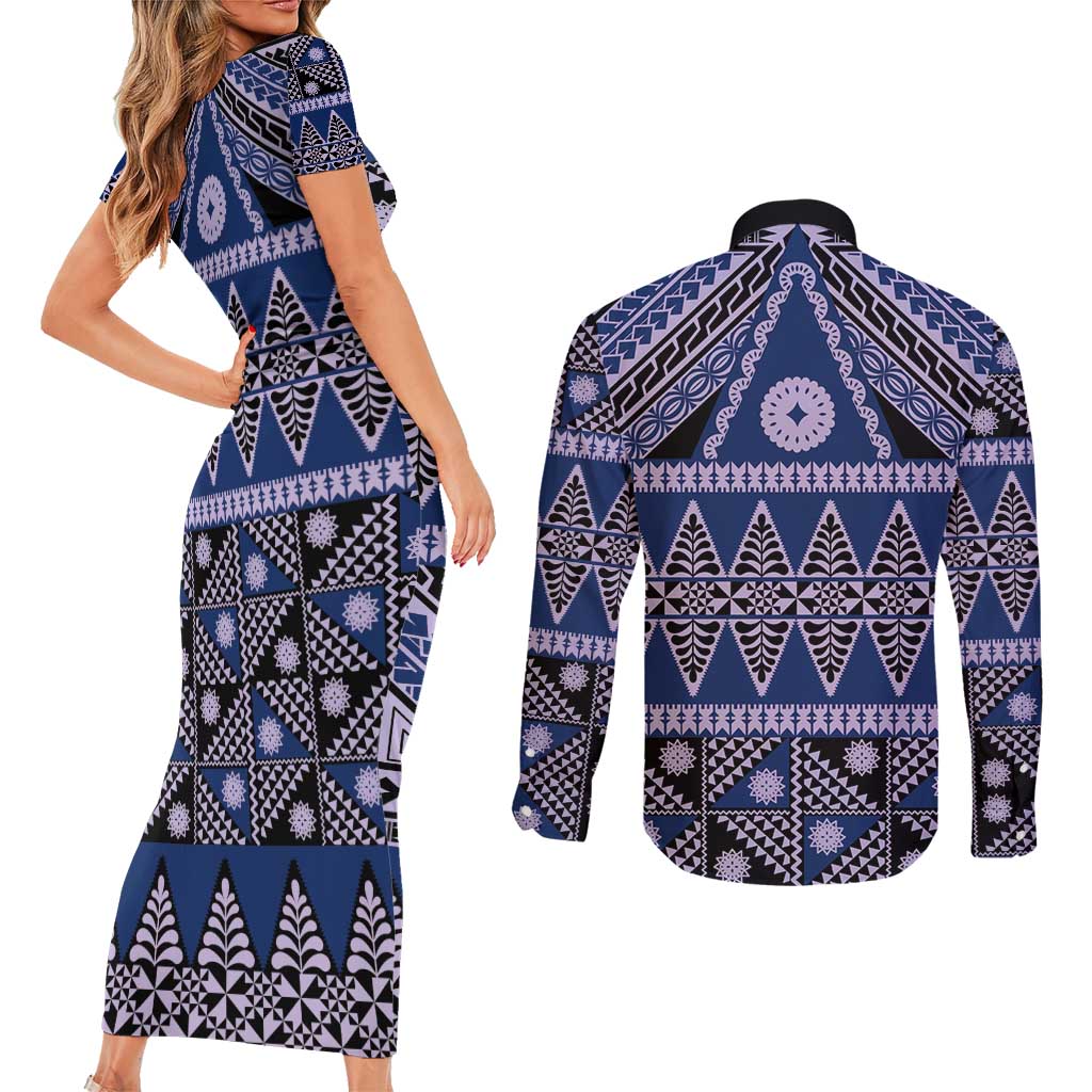 Vintage Bula Fiji Couples Matching Short Sleeve Bodycon Dress and Long Sleeve Button Shirt Prussian Blue Tapa Masi Motif LT9 - Polynesian Pride