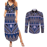Vintage Bula Fiji Couples Matching Summer Maxi Dress and Long Sleeve Button Shirt Prussian Blue Tapa Masi Motif