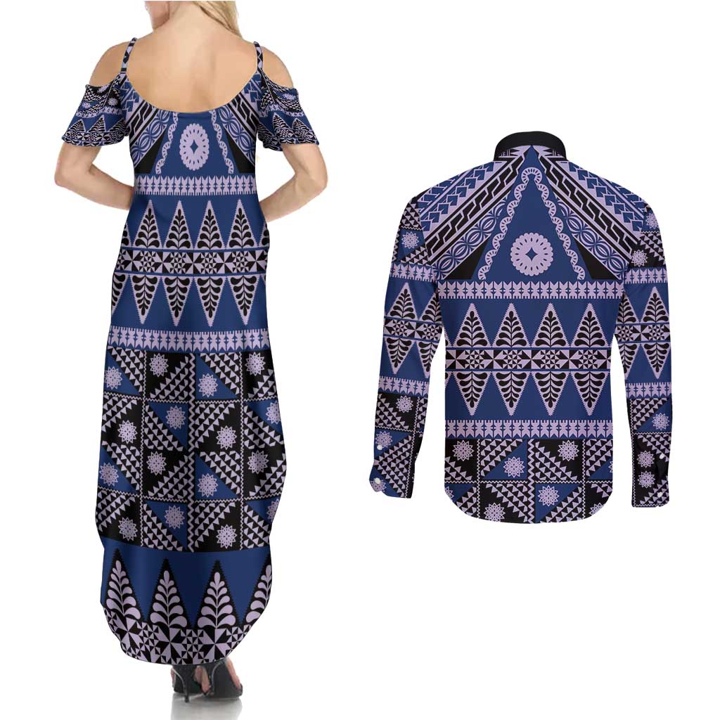 Vintage Bula Fiji Couples Matching Summer Maxi Dress and Long Sleeve Button Shirt Prussian Blue Tapa Masi Motif