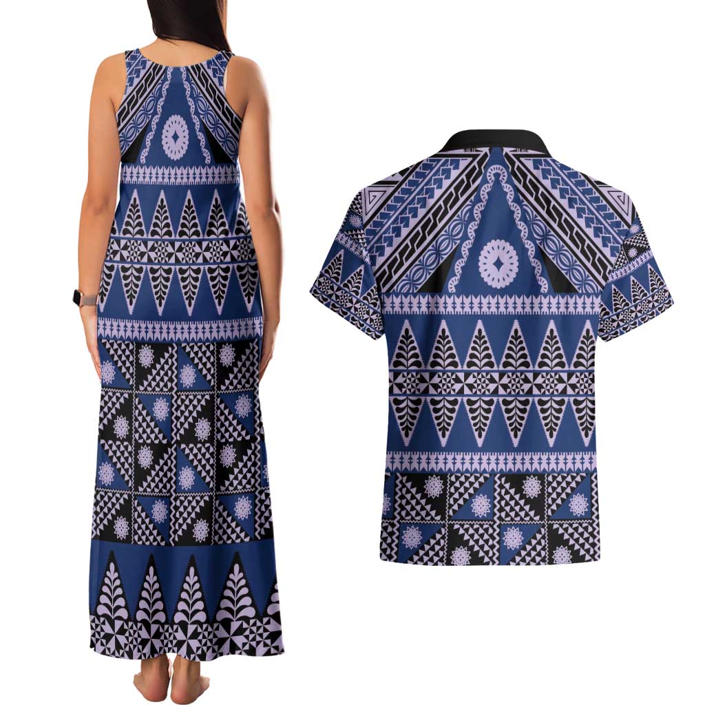 Vintage Bula Fiji Couples Matching Tank Maxi Dress and Hawaiian Shirt Prussian Blue Tapa Masi Motif LT9 - Polynesian Pride