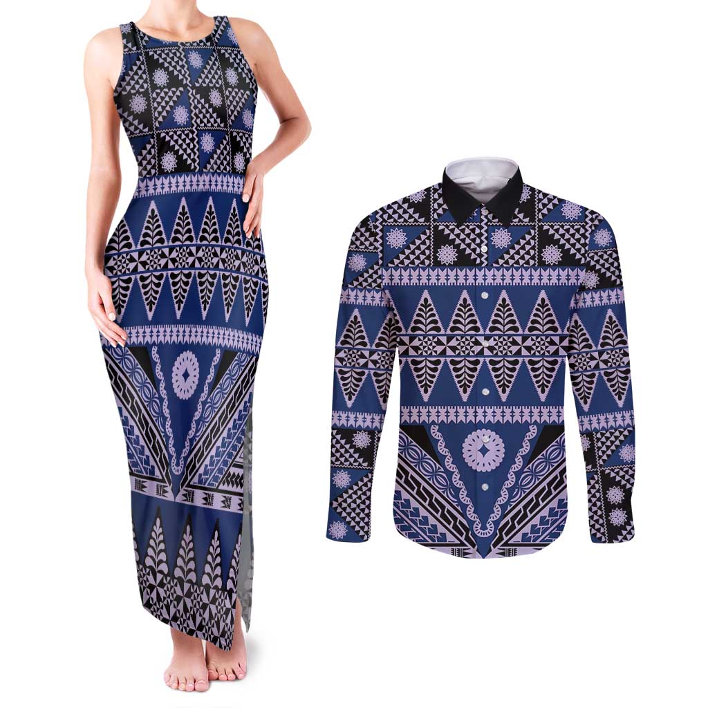 Vintage Bula Fiji Couples Matching Tank Maxi Dress and Long Sleeve Button Shirt Prussian Blue Tapa Masi Motif
