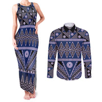 Vintage Bula Fiji Couples Matching Tank Maxi Dress and Long Sleeve Button Shirt Prussian Blue Tapa Masi Motif