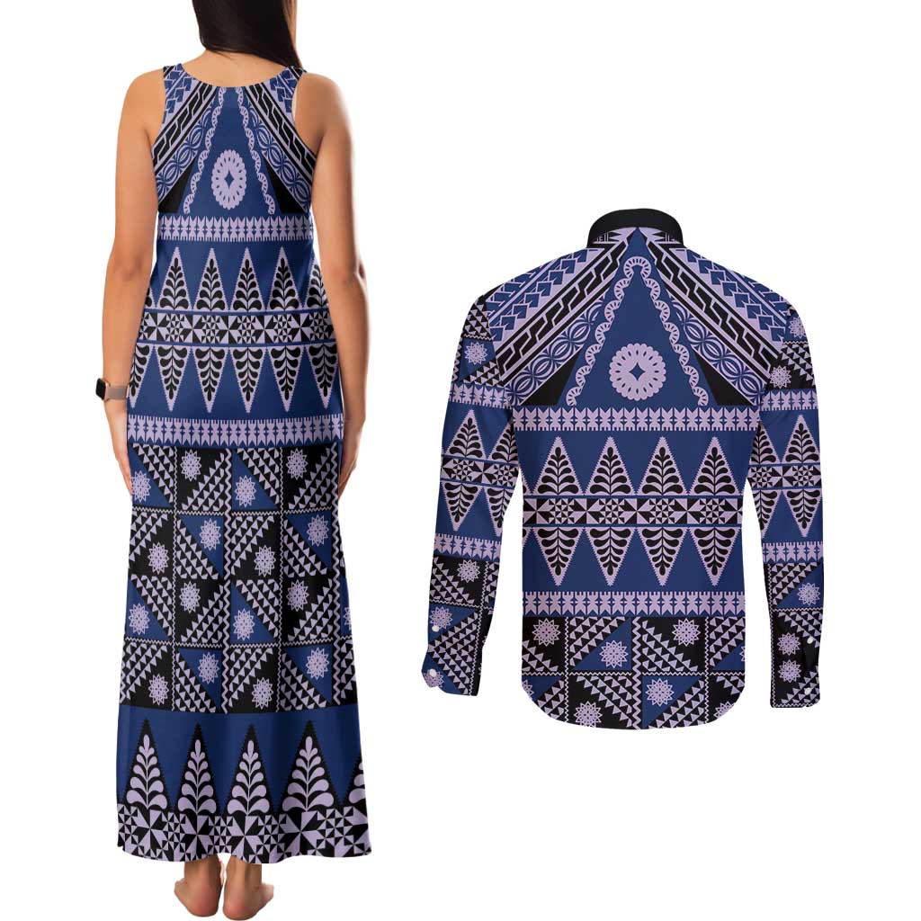 Vintage Bula Fiji Couples Matching Tank Maxi Dress and Long Sleeve Button Shirt Prussian Blue Tapa Masi Motif
