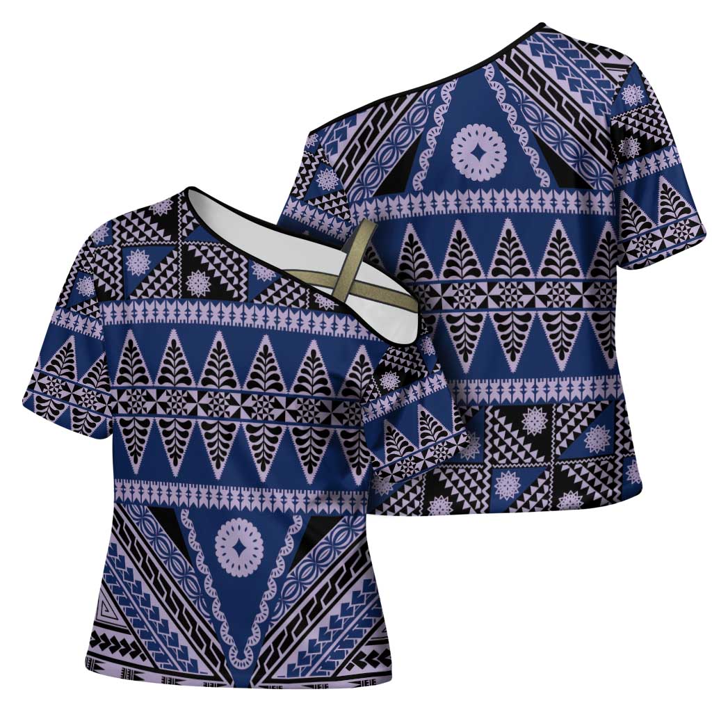 Vintage Bula Fiji Cross Shoulder Shirt Prussian Blue Tapa Masi Motif - Polynesian Pride