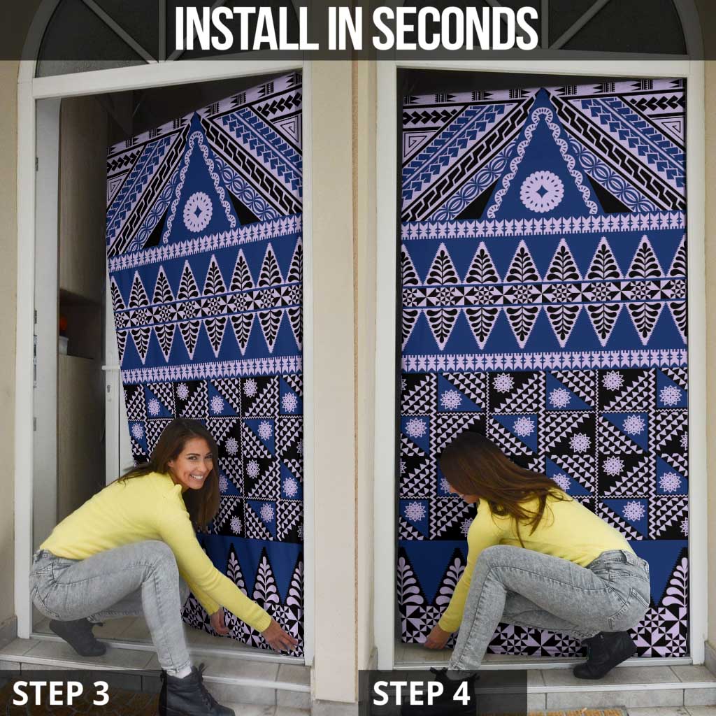 Vintage Bula Fiji Door Cover Prussian Blue Tapa Masi Motif - Polynesian Pride