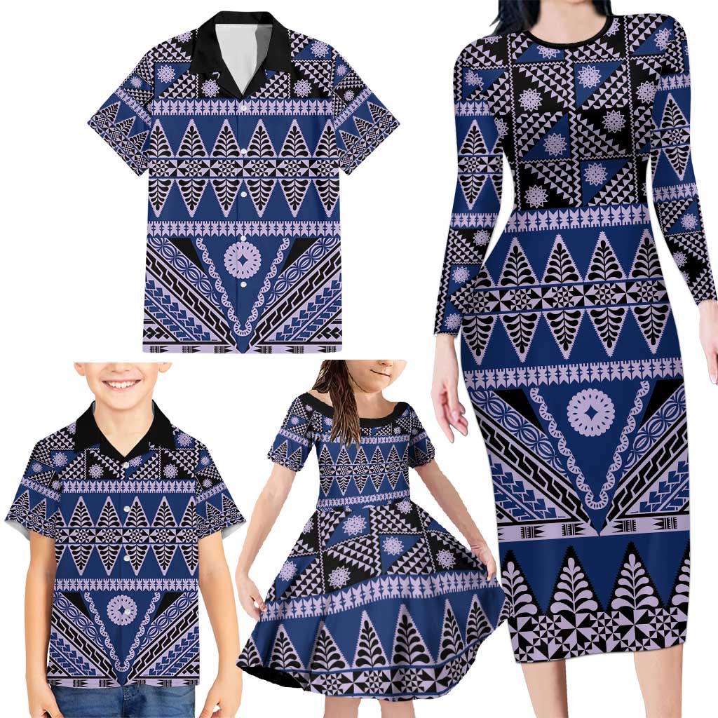 Vintage Bula Fiji Family Matching Long Sleeve Bodycon Dress and Hawaiian Shirt Prussian Blue Tapa Masi Motif LT9 - Polynesian Pride