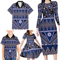 Vintage Bula Fiji Family Matching Long Sleeve Bodycon Dress and Hawaiian Shirt Prussian Blue Tapa Masi Motif LT9 - Polynesian Pride