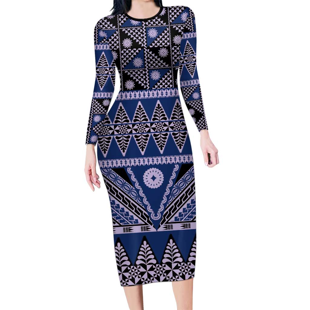 Vintage Bula Fiji Family Matching Long Sleeve Bodycon Dress and Hawaiian Shirt Prussian Blue Tapa Masi Motif LT9 Mom's Dress Blue - Polynesian Pride