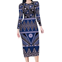 Vintage Bula Fiji Family Matching Long Sleeve Bodycon Dress and Hawaiian Shirt Prussian Blue Tapa Masi Motif LT9 Mom's Dress Blue - Polynesian Pride