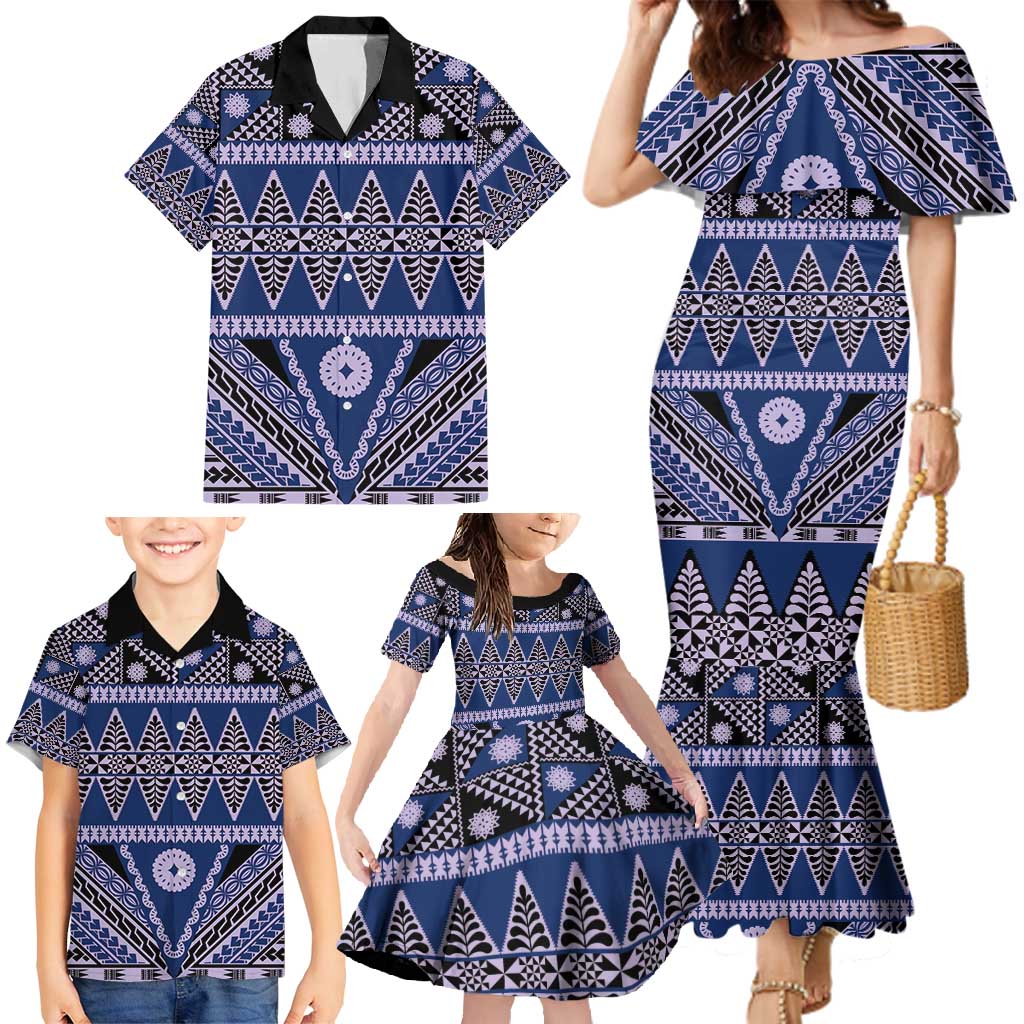 Vintage Bula Fiji Family Matching Mermaid Dress and Hawaiian Shirt Prussian Blue Tapa Masi Motif LT9 - Polynesian Pride