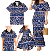 Vintage Bula Fiji Family Matching Mermaid Dress and Hawaiian Shirt Prussian Blue Tapa Masi Motif LT9 - Polynesian Pride