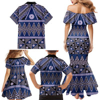 Vintage Bula Fiji Family Matching Mermaid Dress and Hawaiian Shirt Prussian Blue Tapa Masi Motif LT9 - Polynesian Pride