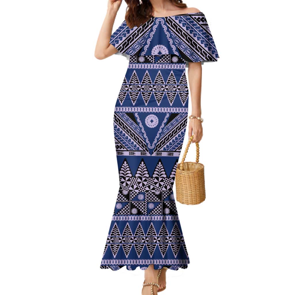 Vintage Bula Fiji Family Matching Mermaid Dress and Hawaiian Shirt Prussian Blue Tapa Masi Motif LT9 Mom's Dress Blue - Polynesian Pride
