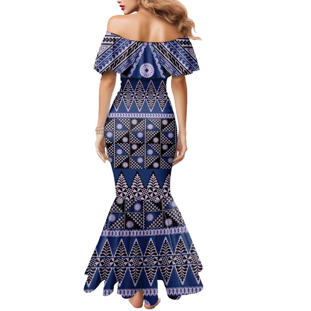 Vintage Bula Fiji Family Matching Mermaid Dress and Hawaiian Shirt Prussian Blue Tapa Masi Motif LT9 - Polynesian Pride