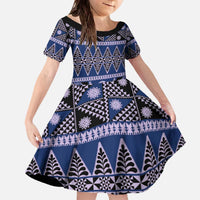 Vintage Bula Fiji Family Matching Off The Shoulder Long Sleeve Dress and Hawaiian Shirt Prussian Blue Tapa Masi Motif LT9 Daughter's Dress Blue - Polynesian Pride