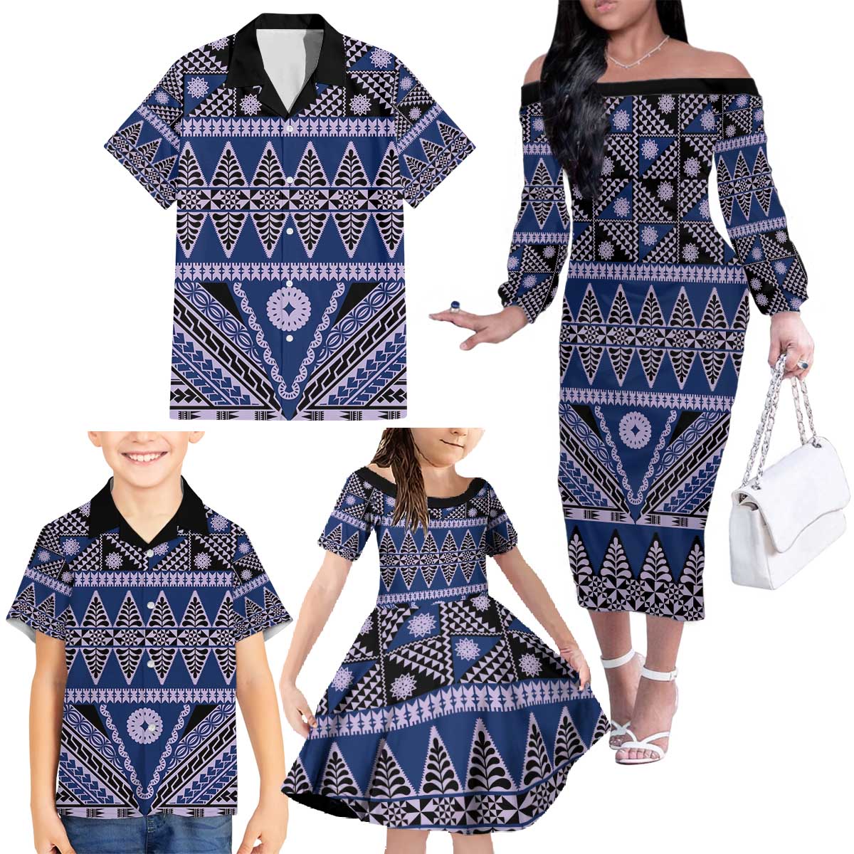 Vintage Bula Fiji Family Matching Off The Shoulder Long Sleeve Dress and Hawaiian Shirt Prussian Blue Tapa Masi Motif LT9 - Polynesian Pride