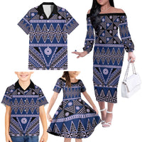 Vintage Bula Fiji Family Matching Off The Shoulder Long Sleeve Dress and Hawaiian Shirt Prussian Blue Tapa Masi Motif LT9 - Polynesian Pride