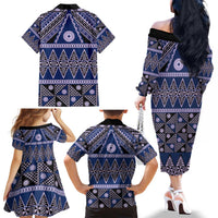 Vintage Bula Fiji Family Matching Off The Shoulder Long Sleeve Dress and Hawaiian Shirt Prussian Blue Tapa Masi Motif LT9 - Polynesian Pride