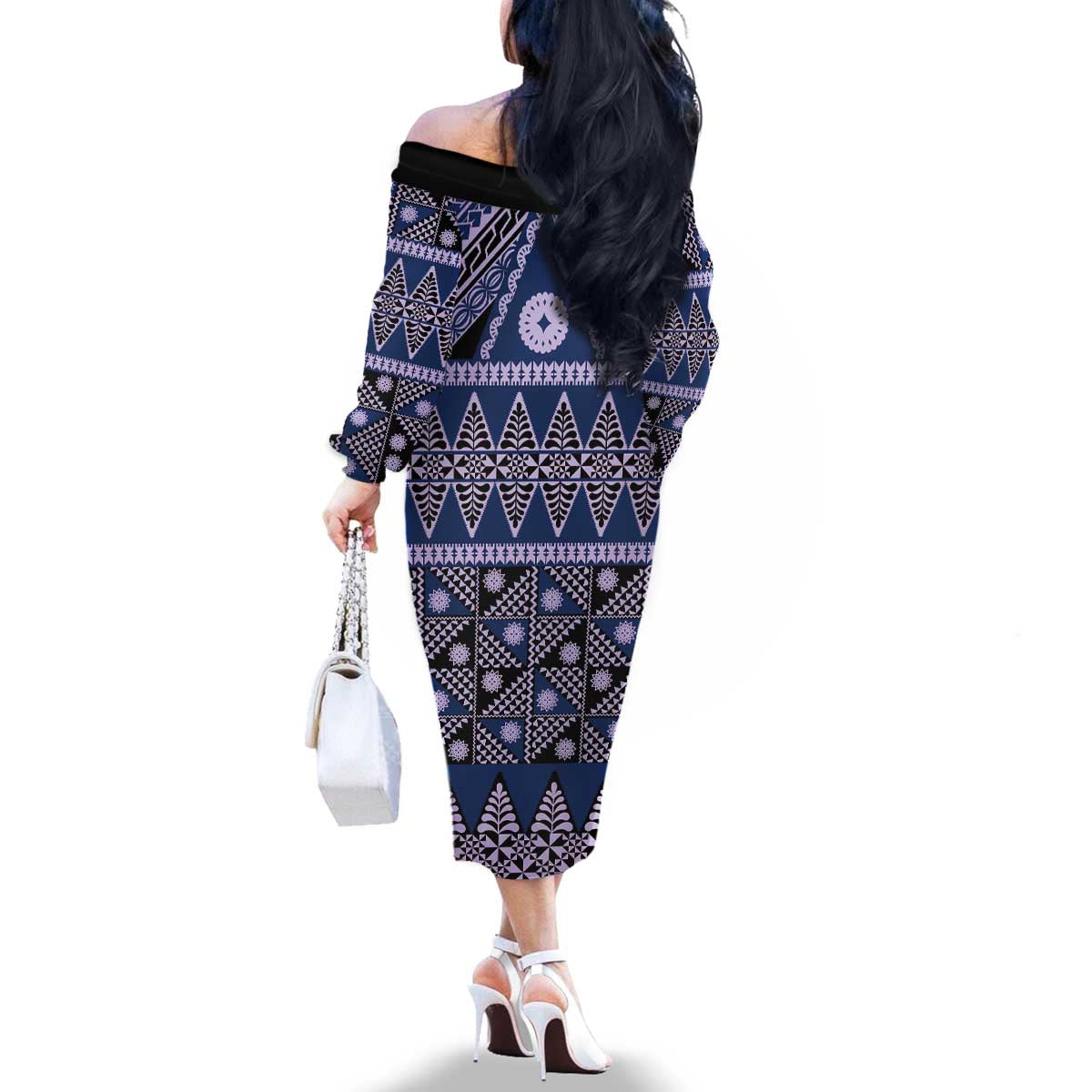 Vintage Bula Fiji Family Matching Off The Shoulder Long Sleeve Dress and Hawaiian Shirt Prussian Blue Tapa Masi Motif LT9 - Polynesian Pride