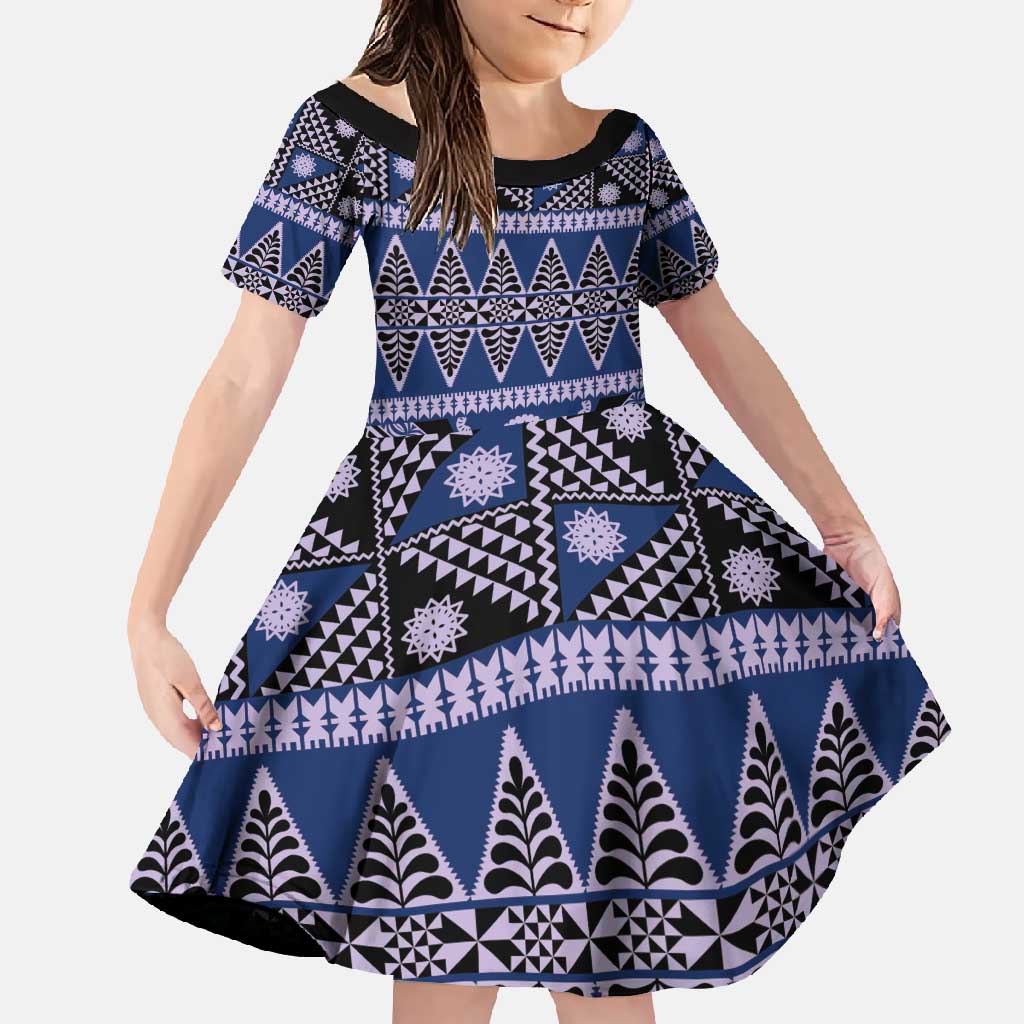 Vintage Bula Fiji Family Matching Off Shoulder Maxi Dress and Hawaiian Shirt Prussian Blue Tapa Masi Motif LT9 Daughter's Dress Blue - Polynesian Pride