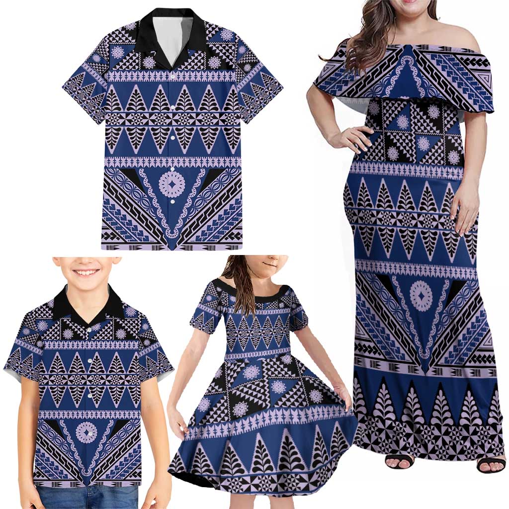 Vintage Bula Fiji Family Matching Off Shoulder Maxi Dress and Hawaiian Shirt Prussian Blue Tapa Masi Motif LT9 - Polynesian Pride