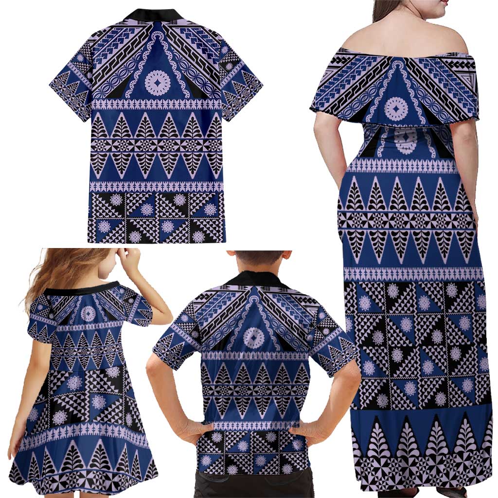 Vintage Bula Fiji Family Matching Off Shoulder Maxi Dress and Hawaiian Shirt Prussian Blue Tapa Masi Motif LT9 - Polynesian Pride