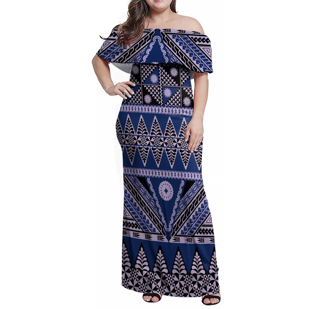 Vintage Bula Fiji Family Matching Off Shoulder Maxi Dress and Hawaiian Shirt Prussian Blue Tapa Masi Motif LT9 Mom's Dress Blue - Polynesian Pride