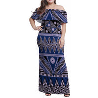 Vintage Bula Fiji Family Matching Off Shoulder Maxi Dress and Hawaiian Shirt Prussian Blue Tapa Masi Motif LT9 Mom's Dress Blue - Polynesian Pride