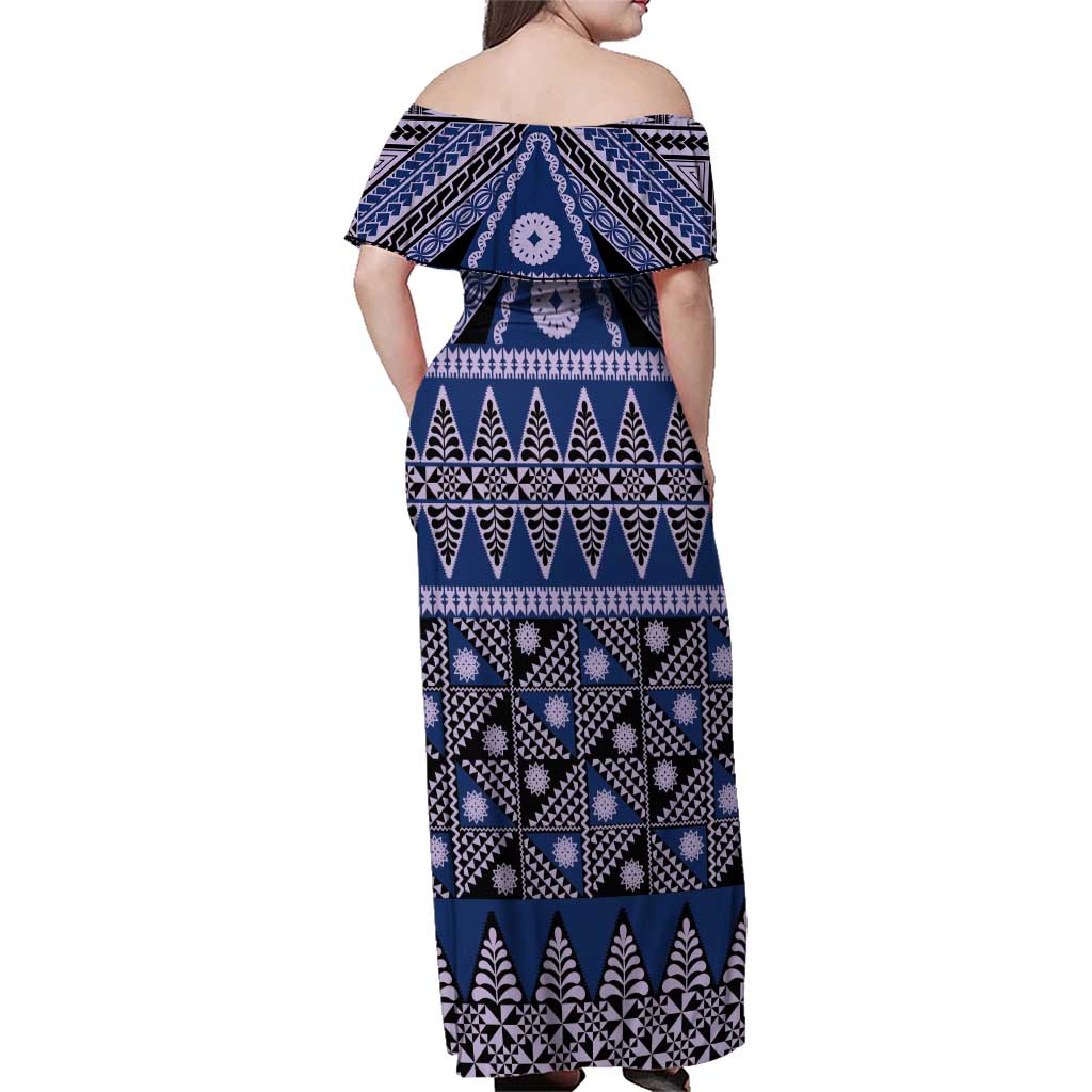 Vintage Bula Fiji Family Matching Off Shoulder Maxi Dress and Hawaiian Shirt Prussian Blue Tapa Masi Motif LT9 - Polynesian Pride
