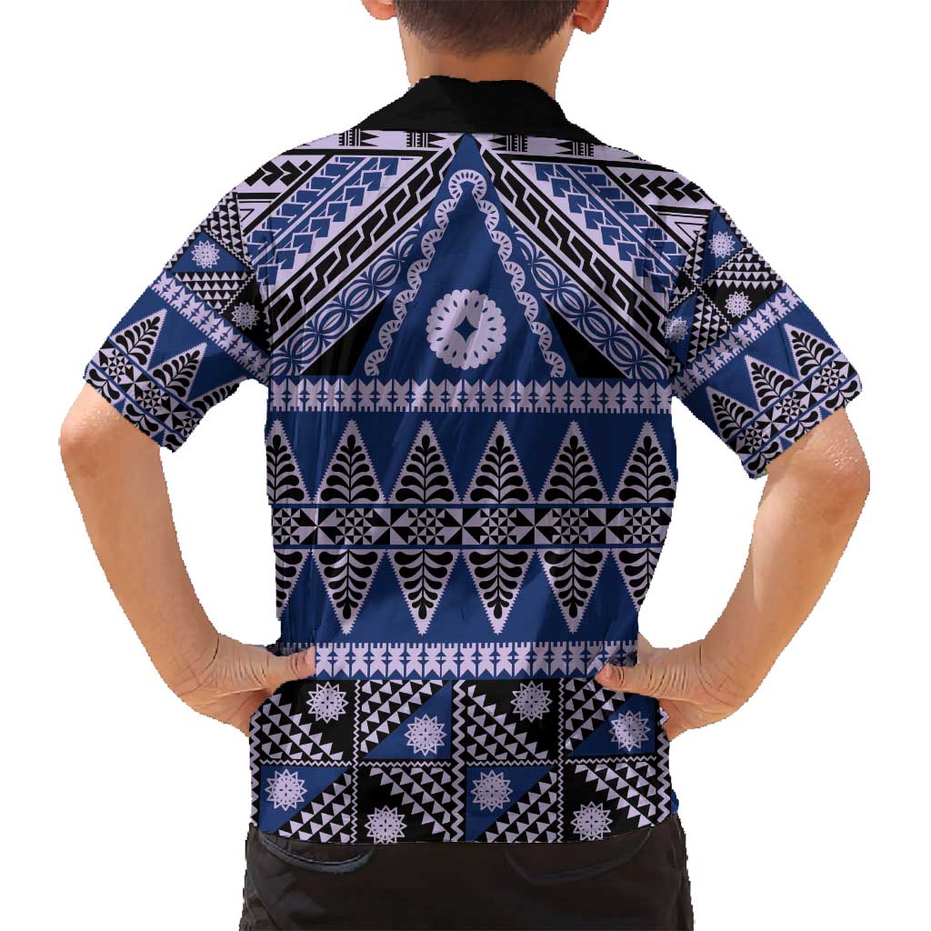 Vintage Bula Fiji Family Matching Off Shoulder Short Dress and Hawaiian Shirt Prussian Blue Tapa Masi Motif LT9 - Polynesian Pride