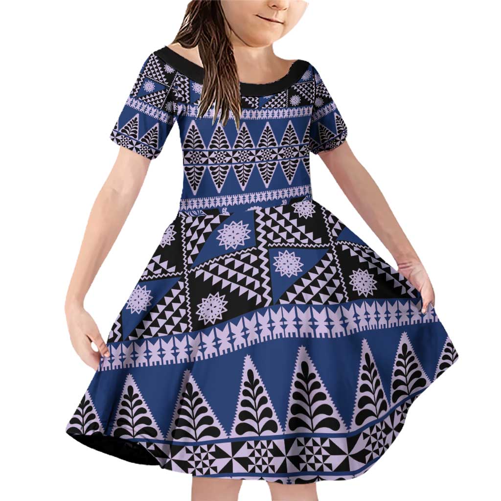 Vintage Bula Fiji Family Matching Off Shoulder Short Dress and Hawaiian Shirt Prussian Blue Tapa Masi Motif LT9 Daughter's Dress Blue - Polynesian Pride