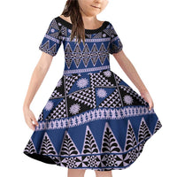 Vintage Bula Fiji Family Matching Off Shoulder Short Dress and Hawaiian Shirt Prussian Blue Tapa Masi Motif LT9 Daughter's Dress Blue - Polynesian Pride