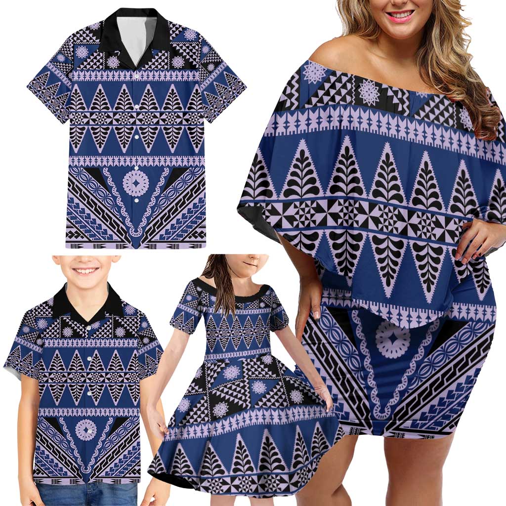 Vintage Bula Fiji Family Matching Off Shoulder Short Dress and Hawaiian Shirt Prussian Blue Tapa Masi Motif LT9 - Polynesian Pride