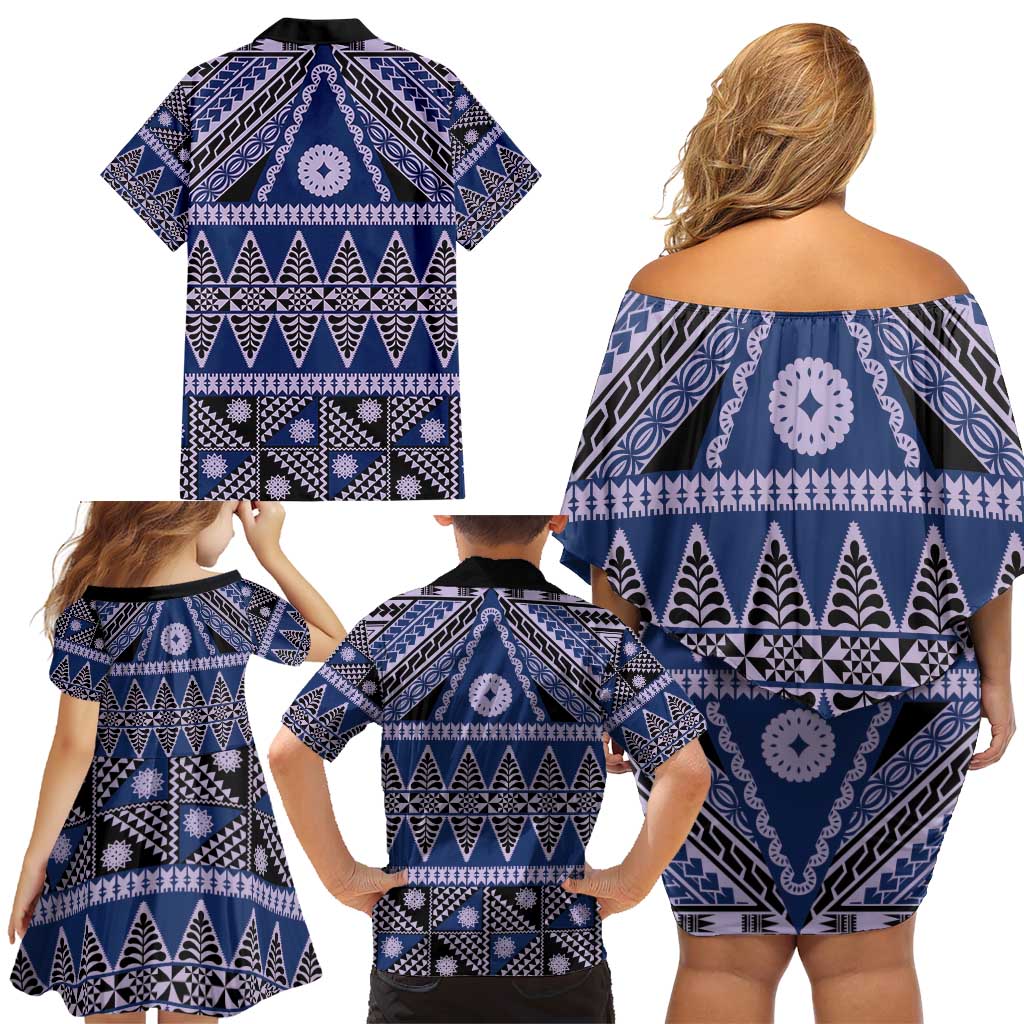 Vintage Bula Fiji Family Matching Off Shoulder Short Dress and Hawaiian Shirt Prussian Blue Tapa Masi Motif LT9 - Polynesian Pride